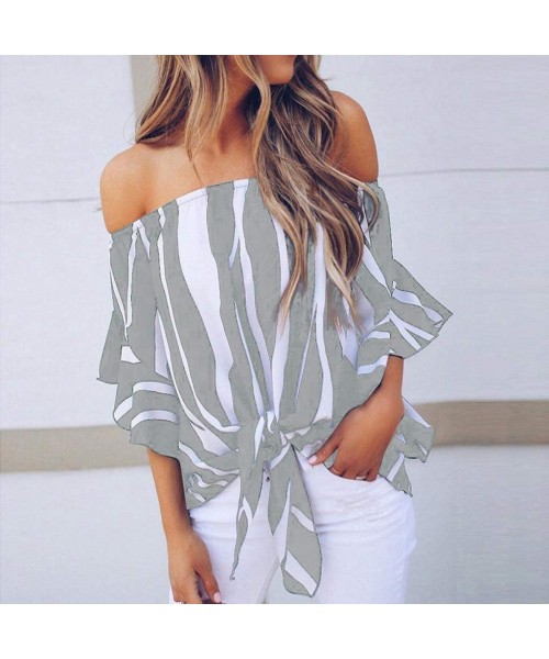Thermal Underwear Off The Shoulder Tops for Women White Striped Shirt Waist Tie Blouse Short Sleeve Casual T Shirts Tops - Gr...