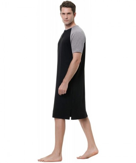 Sleep Tops Men's Nightshirt Short Sleeve Henley Kaftan Sleepshirt Comfy Plaid Nightwear with Pocket - Y-black - C2190LDS24M