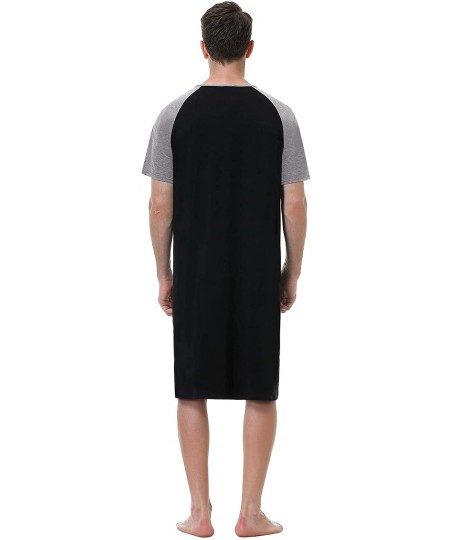 Sleep Tops Men's Nightshirt Short Sleeve Henley Kaftan Sleepshirt Comfy Plaid Nightwear with Pocket - Y-black - C2190LDS24M