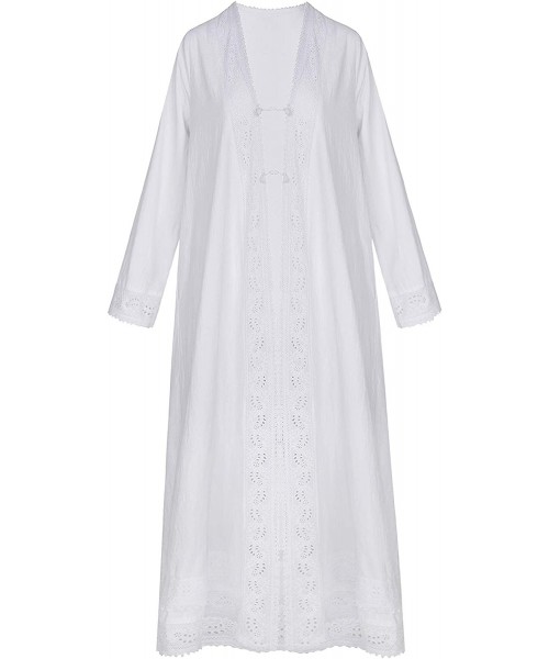 Robes Women Victorian Housecoat 100% Cotton Robe with Pockets - White - C318W6Z83X3