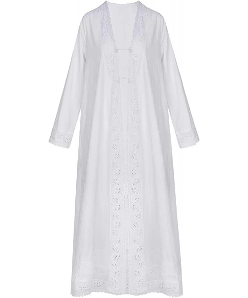 Robes Women Victorian Housecoat 100% Cotton Robe with Pockets - White - C318W6Z83X3