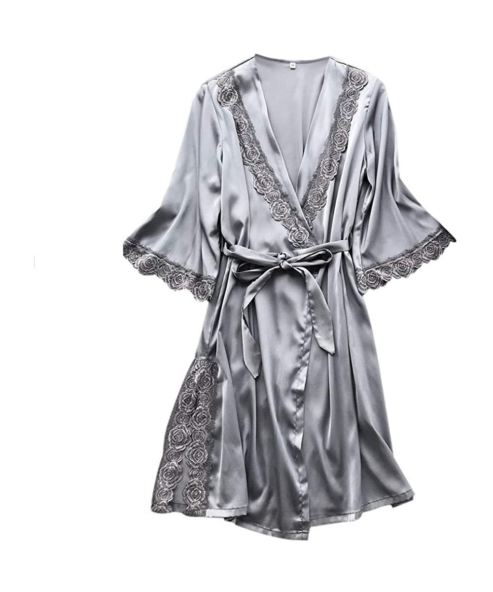 Tops Bathrobe for Women-Sexy V-Neck Rose Embroidery Kimono Robes Loose Fit Full Slip Sleepwear with Sashes - Gray - CI19840MWQI