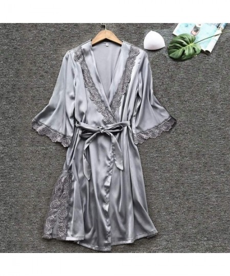 Tops Bathrobe for Women-Sexy V-Neck Rose Embroidery Kimono Robes Loose Fit Full Slip Sleepwear with Sashes - Gray - CI19840MWQI