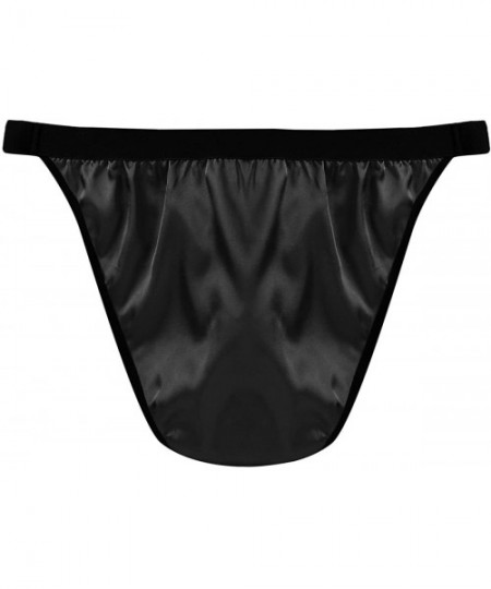 Briefs Men's Lingerie Shiny Fabric Bikini Briefs Satin Low Rise High Cut Panties Underwear - Black - C818GOHLKDT
