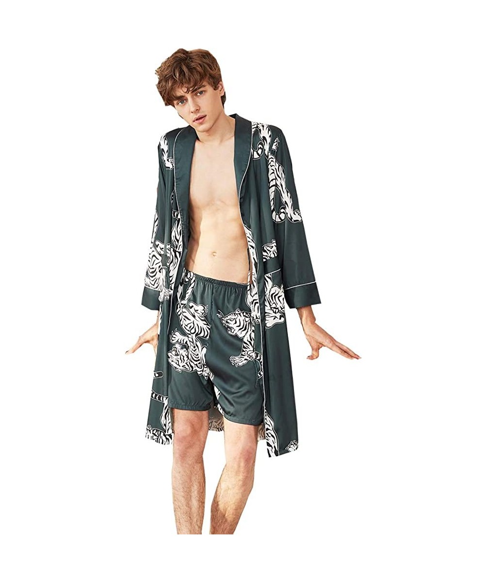 Robes Men's Satin Robe with Shorts Nightgown Soft Printed Bathrobes Pajamas Sleepwear - A-indigo - CC18QCWI39U