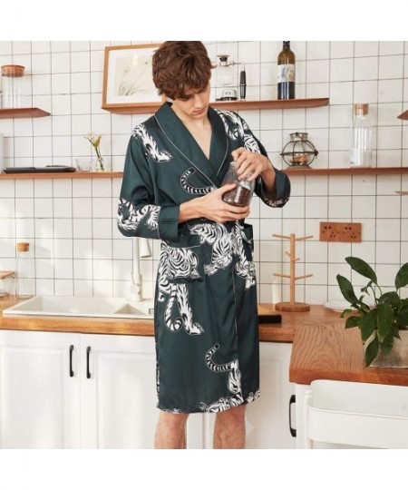 Robes Men's Satin Robe with Shorts Nightgown Soft Printed Bathrobes Pajamas Sleepwear - A-indigo - CC18QCWI39U