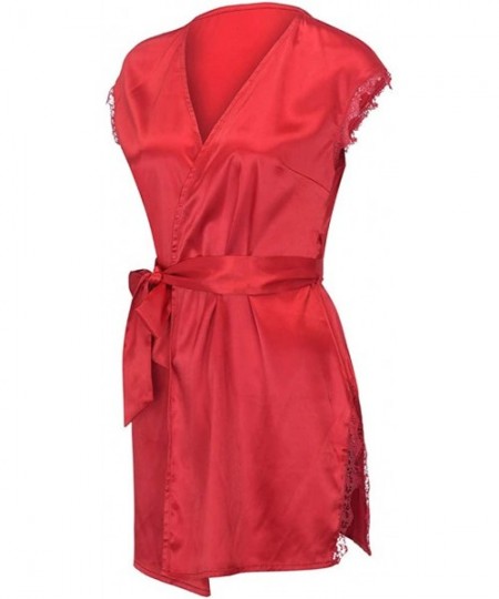 Robes Women's Silk Robes Soft Satin Short Robe Kimono Robe Short-Sleeve Nightwear Nightgown Sleepwear - Red - C518QYWOCGY