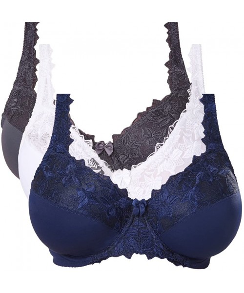 Bras Plus Size Minimizer Underwire Unlined Bra with Embroidery Lace-3Pack - Navy- White- Gray(3 Pack) - CV18C7Q9EH6