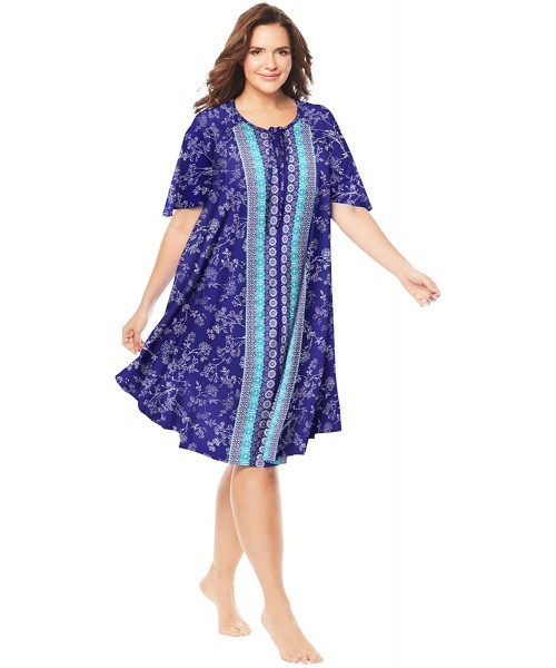 Nightgowns & Sleepshirts Women's Plus Size Short Sweeping Printed Lounger Nightgown - Blue Sapphire Floral (0544) - CL19G5MAY6Q