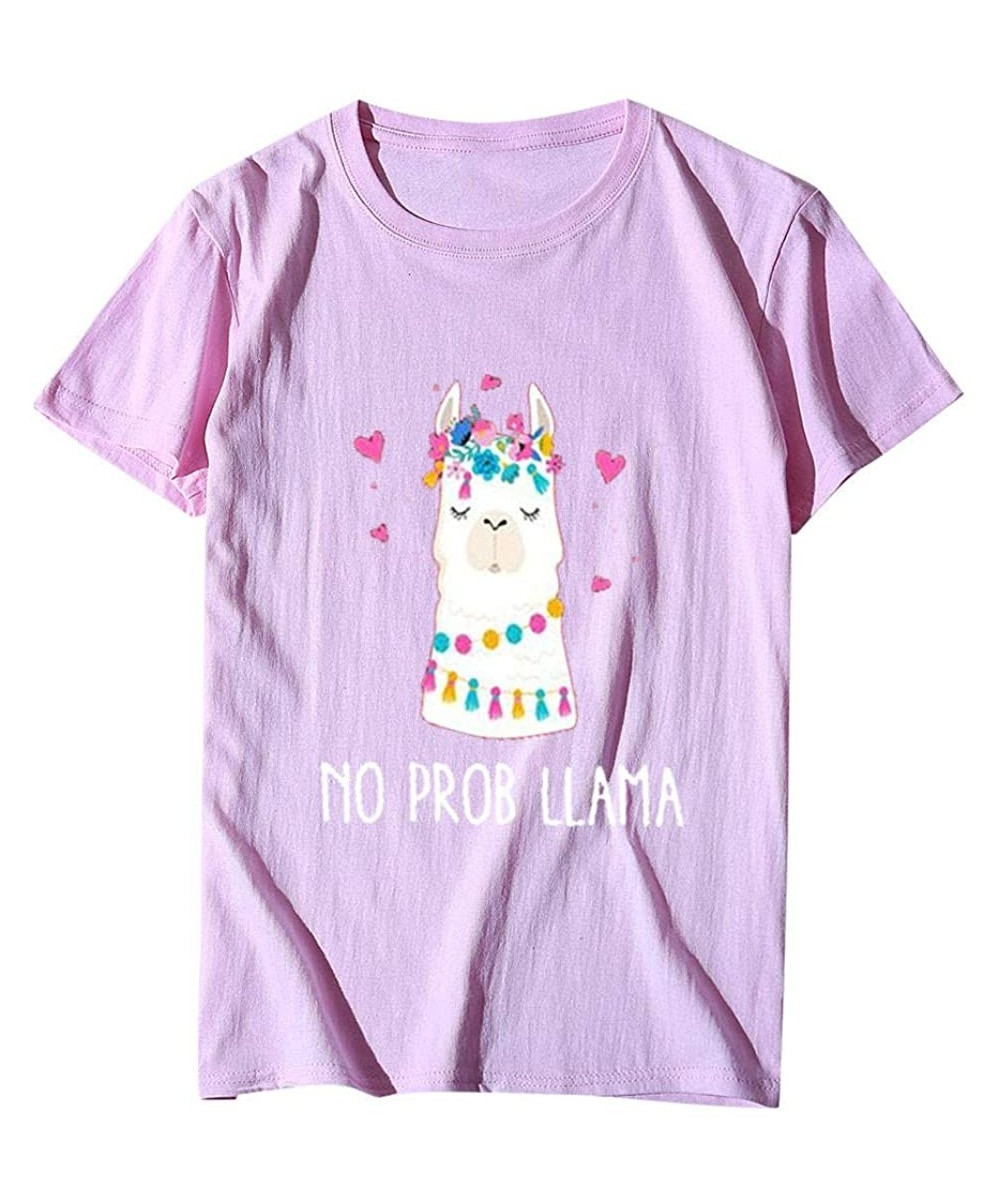 Tops Printed T-Shirt- Summer Women's Alpaca Short Sleeve Round Neck Plus Size top - P-pink - CB1943IL493