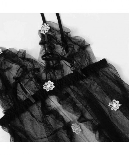 Baby Dolls & Chemises New Women Sexy Black Lingerie Flower Detail Mesh Slip Set Babydoll Nightwear Black Cardigan Flower Nigh...