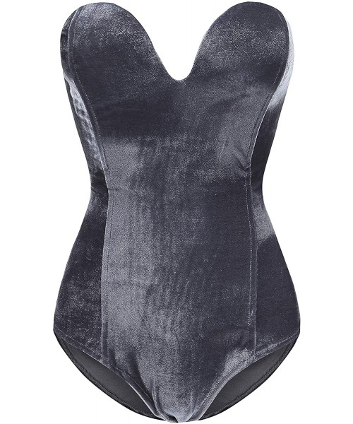 Shapewear Women Burgundy Bandeau Back Lace Up Velvet Bodysuit - Style 1- Gary - C318QHU6TMC