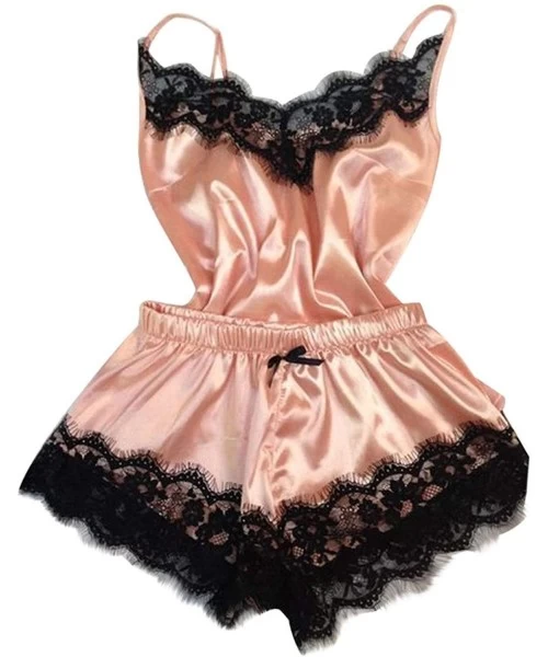 Sets Women's Lace Trim Satin Sleepwear Sexy Silk Lingerie Straps Bralette Panty Set Cami Top & Shorts Pajama Set - Pink Babyd...