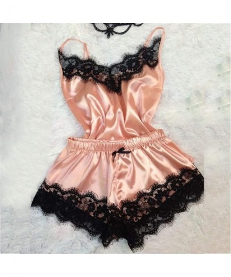 Sets Women's Lace Trim Satin Sleepwear Sexy Silk Lingerie Straps Bralette Panty Set Cami Top & Shorts Pajama Set - Pink Babyd...