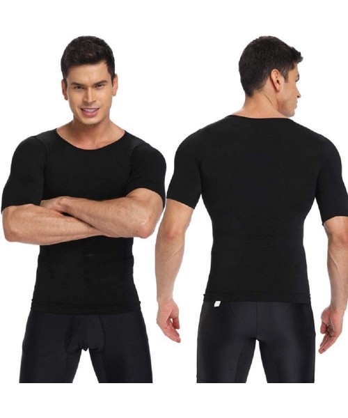 Undershirts Mens Slimming Shapewear Crew Neck Short Sleeve Body Shaper Net Nylon Compression T-Shirts - 2 Pack Black - CZ18AO...