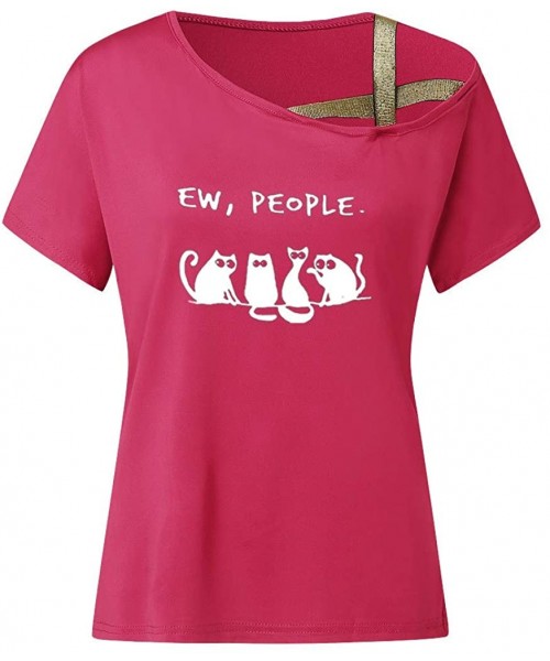 Nightgowns & Sleepshirts Cross Shoulder T-Shirt- Ladies Casual Irregular Short Sleeve Blouse top - J-hot Pink - CX1944RKWZT