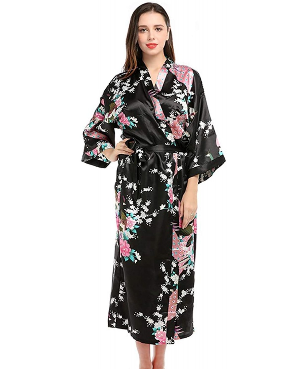Robes Women's Silk Satin Sleepwear Nightgown Long Kimono Robes with Peacock and Blossoms - Black - CN196CN9HOT