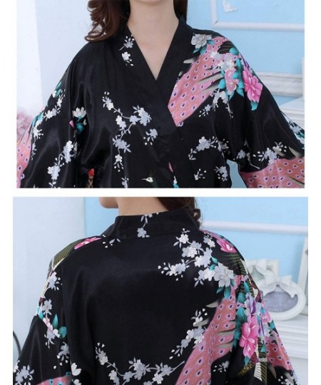 Robes Women's Silk Satin Sleepwear Nightgown Long Kimono Robes with Peacock and Blossoms - Black - CN196CN9HOT