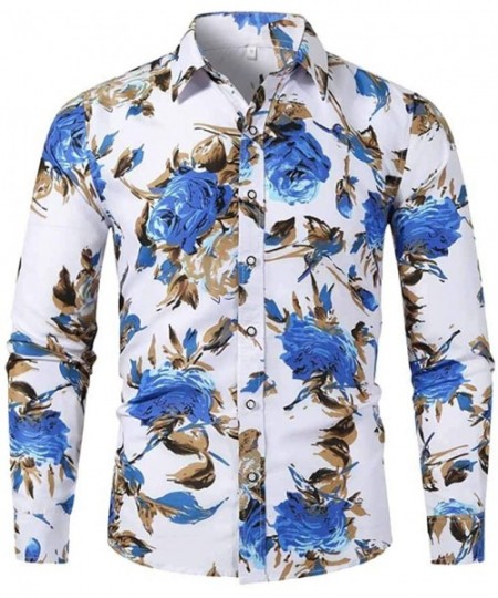 Sleep Tops Men's Floral Print Slim Fit Shirt Casual Long Sleeve Button Down Shirts Top Blouse - Blue - CZ195HTO5Y0