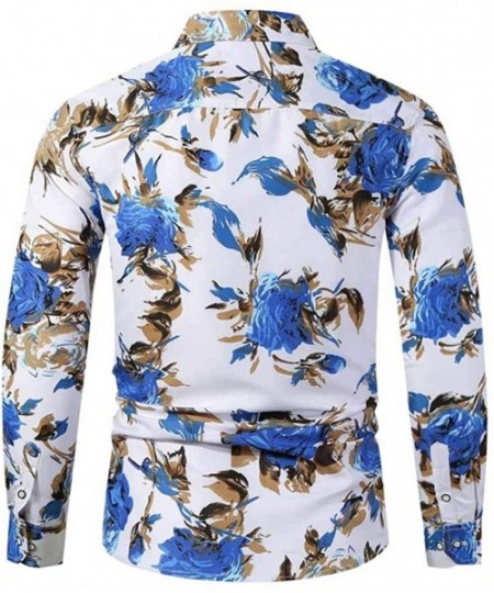 Sleep Tops Men's Floral Print Slim Fit Shirt Casual Long Sleeve Button Down Shirts Top Blouse - Blue - CZ195HTO5Y0