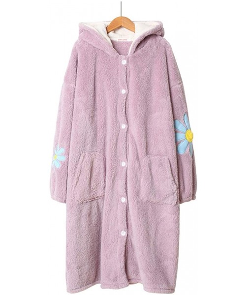 Robes Flower Hooded Sleeping Robes Button Down Pajamas Plush Fleece Bathrobes with Pockets - Lilac - CL19846S609