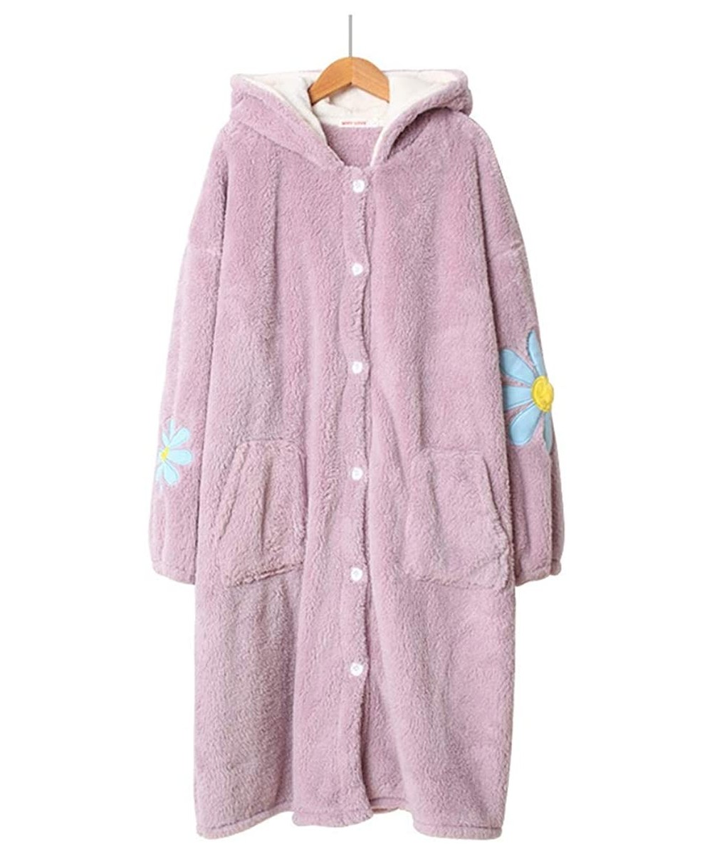 Robes Flower Hooded Sleeping Robes Button Down Pajamas Plush Fleece Bathrobes with Pockets - Lilac - CL19846S609