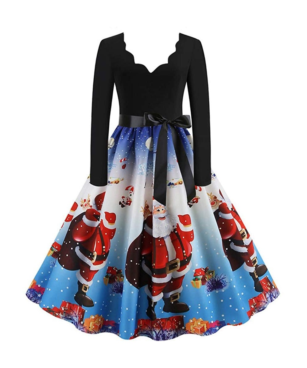 Baby Dolls & Chemises Women Fashion Dresses V-Neck Printed Empire Waist Dress Evening Party Dress Flare Dress - Blue - C918ZT...