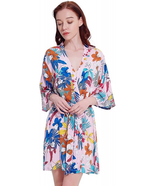 Robes Women's Floral Cotton Short Kimono Bridesmaid Robe-Sleepwear Bathrobe - Pink - CW18RKDS046