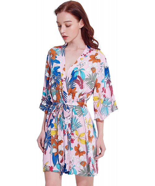 Robes Women's Floral Cotton Short Kimono Bridesmaid Robe-Sleepwear Bathrobe - Pink - CW18RKDS046