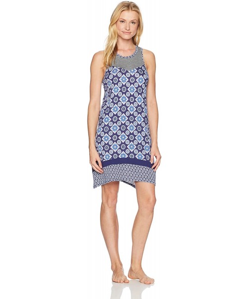Nightgowns & Sleepshirts Women's Tank Sleep Dress - Blue Flower Tiles - CW12NZUSPM6