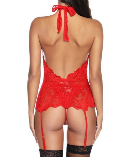 Baby Dolls & Chemises Women Sexy Bodysuit Lingerie Set Lace Babydoll Chemise with Garter Belts - Red - C2193ZQIXO0