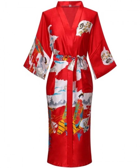 Robes Women's Floral/Patterned Silky Kimono Robes Long Satin Bathrobes Sleepwear Loungewear - Red - C118OYW7K5D