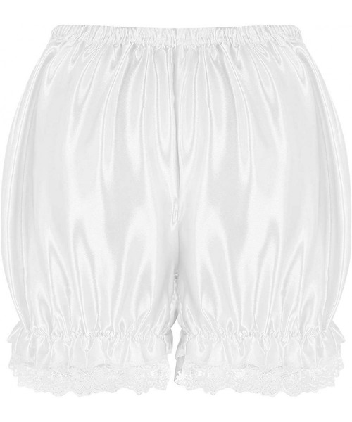 Panties Women's Adult Shiny Silky Ruffled Lace Hem Panties Pettipants Dance Shorts Bloomers Underwear - White Shiny - CB18IG3...