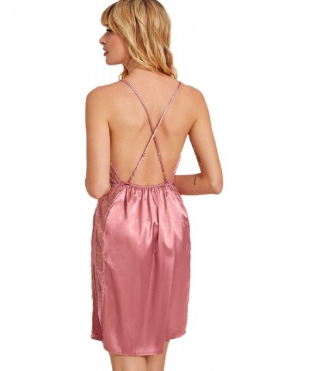 Nightgowns & Sleepshirts Women's Satin Slip Dress V Neck Nightgown Crisscross Lace Cami Dress - Nude Pink - CD19D8QMO3U