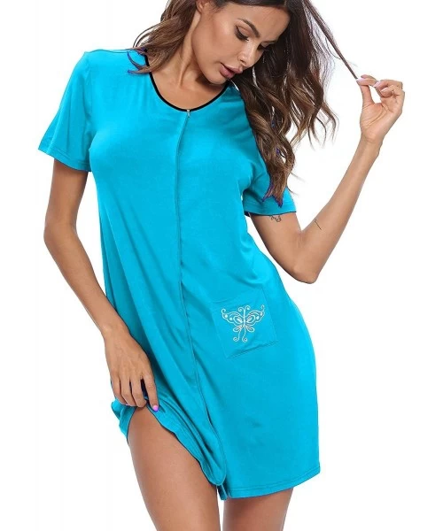 Nightgowns & Sleepshirts Women's Zip Up Housecoat Short Sleeve Robe Modal Nightgrown Sleepwear with Pockets - Peacock Blue - ...