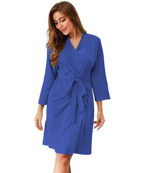 Robes Women's Lightweight Kimono Robe Soft Cotton Maternity Bathrobe Pocket Longsleeve Lady Loungewear - Royal Blue - CO1972O...