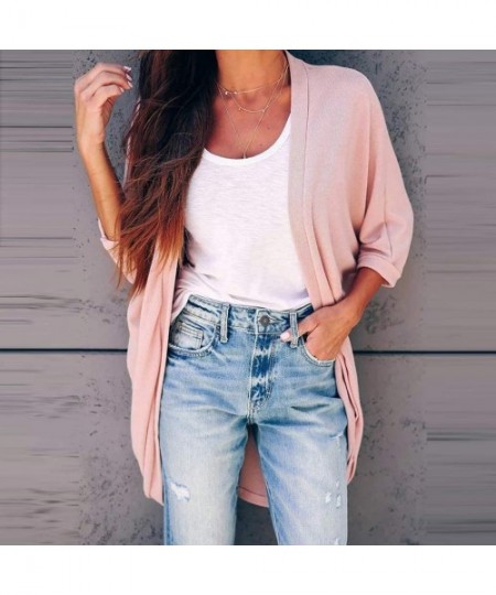 Bustiers & Corsets Women's Soft Knit Sweater Outwear Open Front Kimono Cardigans Long Sleeve Lightweight Cardigan - Pink - C8...