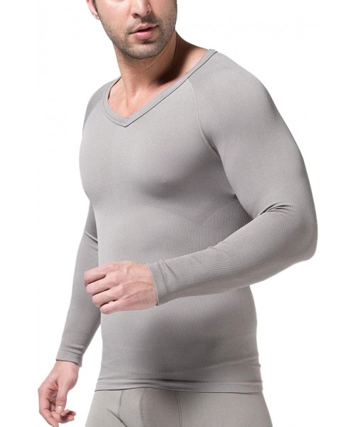 Shapewear Men's Short Sleeve Slim Fit V-Neck Seamless Compression T-Shirt Tops Undershirts (Grey-Longsleeve- Large) - CN18IGQ...