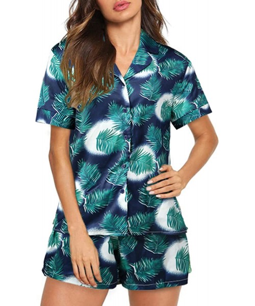 Sets Shorts Pajamas Set for Women Summer Short Sleeve Button Down Sleepwear Nightwear Soft Pj Lounge Sets - Navy - C0193NLIEII