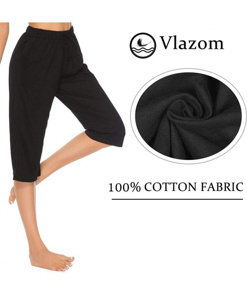 Bottoms 100% Cotton Women's Pajama Bottoms Casual Cropped Trouser Pjs Lounge Capri Pants with Pockets Drawstring - Black - CX...