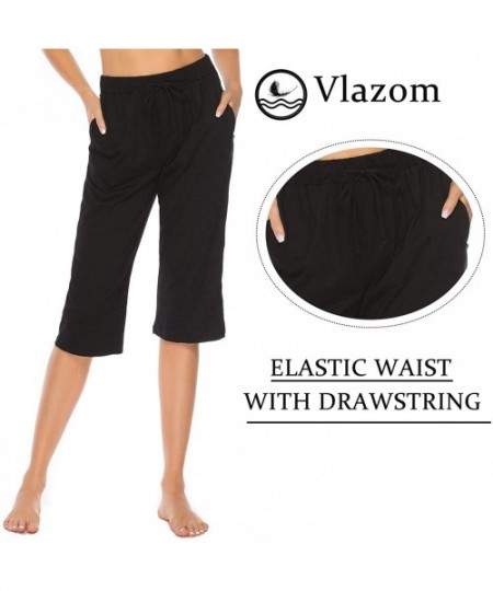 Bottoms 100% Cotton Women's Pajama Bottoms Casual Cropped Trouser Pjs Lounge Capri Pants with Pockets Drawstring - Black - CX...