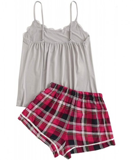 Sets Women's Sleepwear Set Plaid Print Cami Top and Elastic Waist Short Pajama Set - Grey - C3195A8NW72