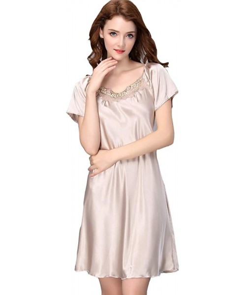 Nightgowns & Sleepshirts Women Satin Sleepwear Dress Round Neck Short Sleeve Nightgown Lace Lingerie - Champagne D - CB18T4TZHTA