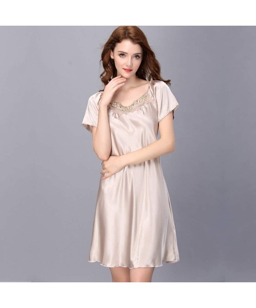 Nightgowns & Sleepshirts Women Satin Sleepwear Dress Round Neck Short Sleeve Nightgown Lace Lingerie - Champagne D - CB18T4TZHTA