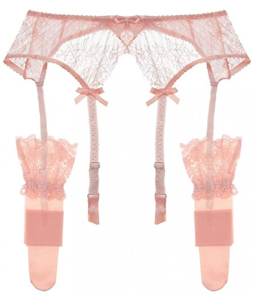Bras Women's Lace Garter Belt Metal Clips Suspender Belt and Stockings - Pink - CO18AZR9DCZ