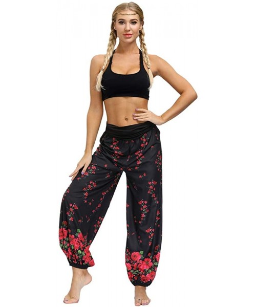 Bottoms Women's Comfy Bohemian Tapered Harem Loose Yoga Pajama Lounge Pants - Rose Red - CQ19DDUMQUR