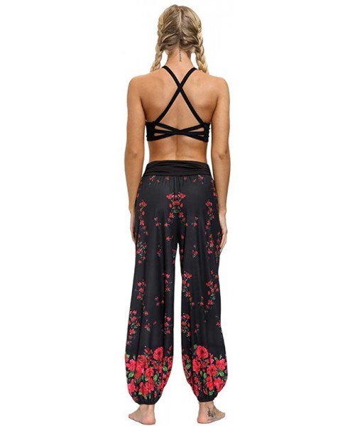 Bottoms Women's Comfy Bohemian Tapered Harem Loose Yoga Pajama Lounge Pants - Rose Red - CQ19DDUMQUR
