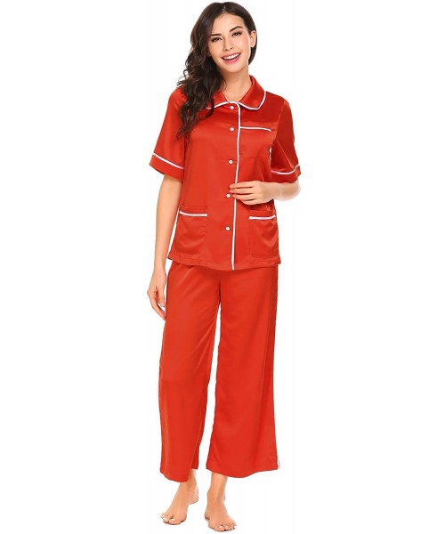 Sets Women Patchwork Trumpet Short Sleeve Tops with Wide Leg Ankle Length Pants Pajamas Sets - Red - C218H5433S0