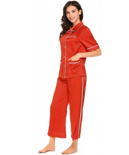 Sets Women Patchwork Trumpet Short Sleeve Tops with Wide Leg Ankle Length Pants Pajamas Sets - Red - C218H5433S0