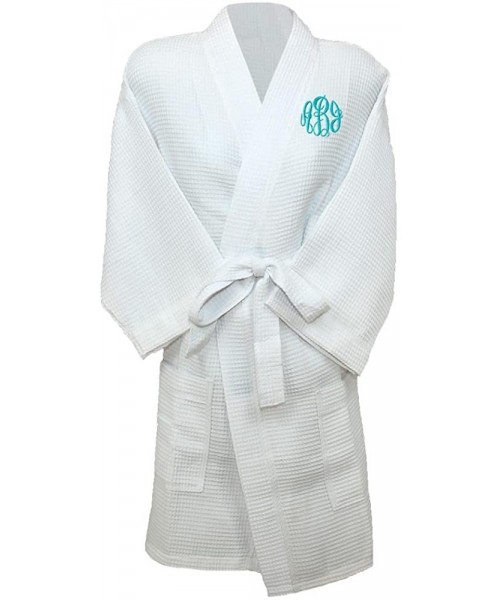 Robes Personalized Womens Knee Length 36" Waffle Weave Kimono Bathrobes One Size Fits Most Spa Robes - White - CG187233TYE
